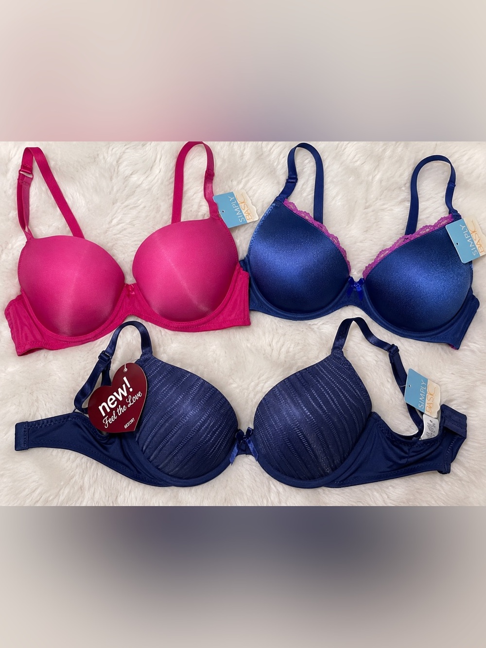 3 Bra Bundle 34B/36B Simply Basic & Maidenform NWT Pink & Blue